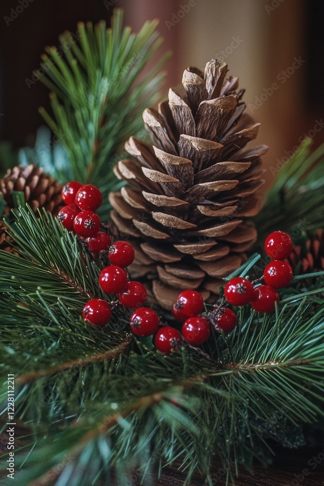 Handcrafted festive pinecone and berry wreath decoration suitable for seasonal celebrations or home decor. Handcrafted festive pinecone and berry wreath decoration suitable for seasonal celebrations or home decor.