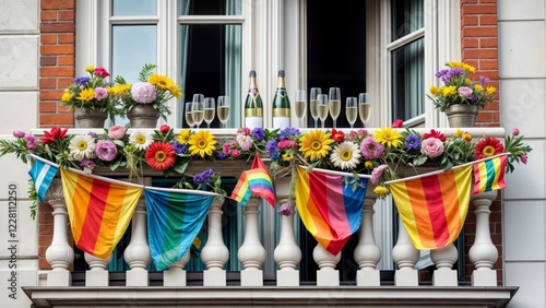 cozy balcony adorned with colorful blossoms and pride flags with sparkling champagne for use in festive and unity inspired designs