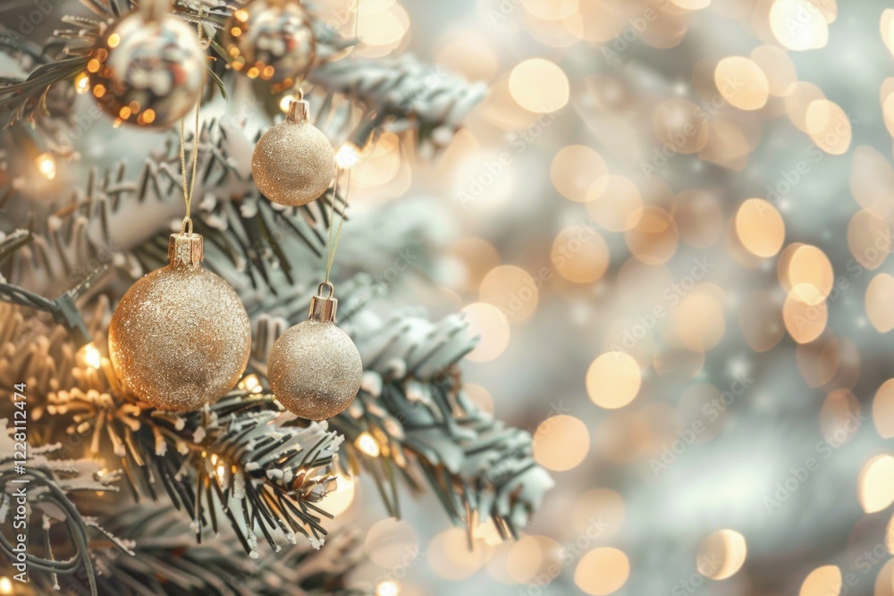 Shiny golden christmas balls hanging on snowy christmas tree branches with warm bokeh lights in background creating festive atmosphere Shiny golden christmas balls hanging on snowy christmas tree branches with warm bokeh lights in background creating festive atmosphere
