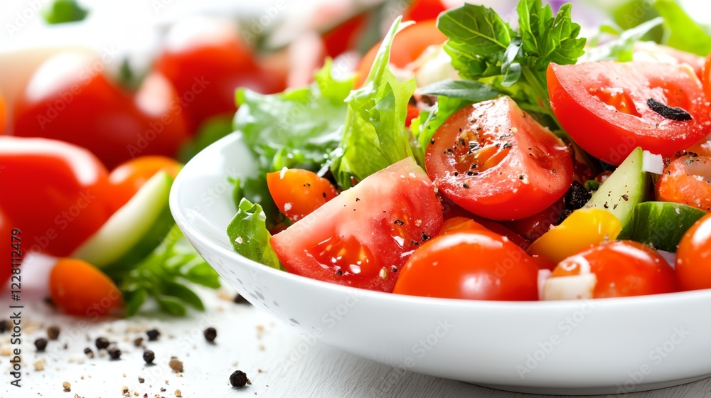White bowl filled with a salad of tomatoes, cucumbers, and lettuce White bowl filled with a salad of tomatoes, cucumbers, and lettuce