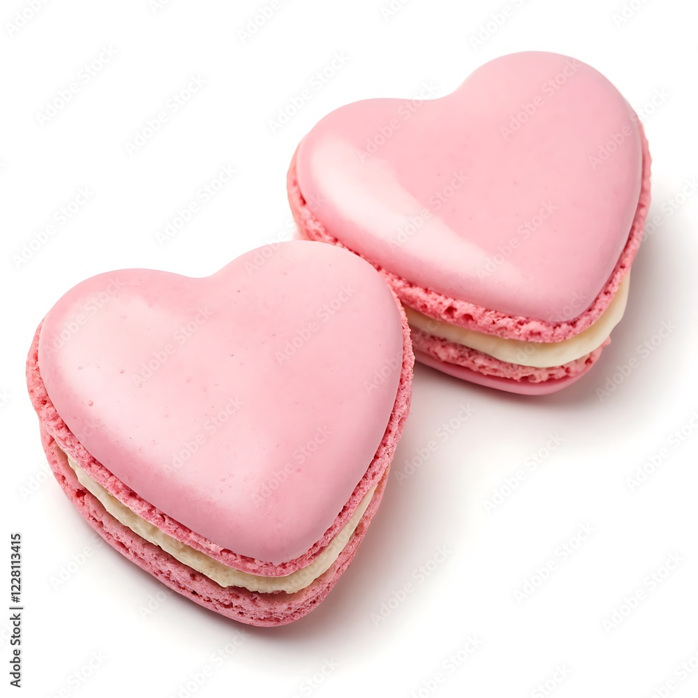 Two pink heart shaped macarons isolated on white background Two pink heart shaped macarons isolated on white background