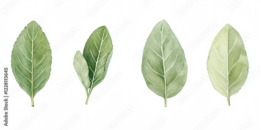 Four different leaves are shown in a row, each with a different shade of green Four different leaves are shown in a row, each with a different shade of green