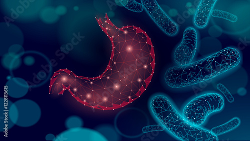 Human stomach microscopic 3D low poly render probiotics. Healthy normal digestion flora of human intestine. Modern science medicine allergy immunity treatment illustration