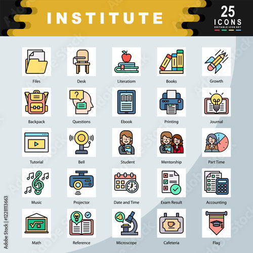 Institute icon set with Mentorship, Tutorial, Journal, Student, Microscope, Literation, Files, Math, Flag, Printing icon. Simple flat line vector