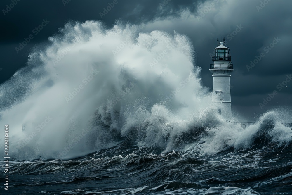 White lighthouse surrounded by powerful ocean waves during a dramatic storm White lighthouse surrounded by powerful ocean waves during a dramatic storm