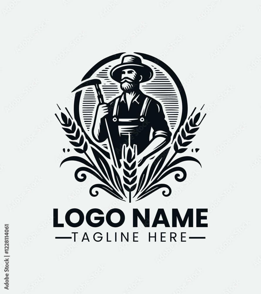 Obraz premium Vintage Farmer Logo Design, Retro Farmer Logo, Rural Farmer Logo, Old-fashioned Farmer Logo, Countryside Farmer Logo