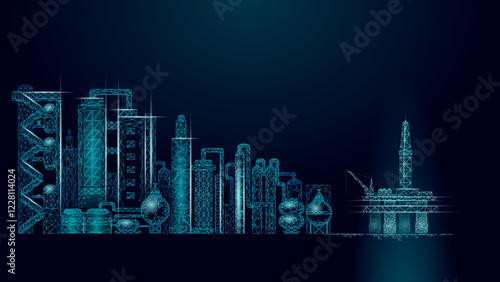 Petroleum oil refinery complex panorama business concept. Finance economy polygonal petrochemical production plant. Petroleum fuel industry will pipeline. Ecology solution blue vector illustration
