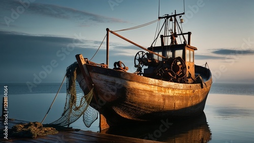 weathered fishing boat docked at sunrise reflected in calm water copy space photo