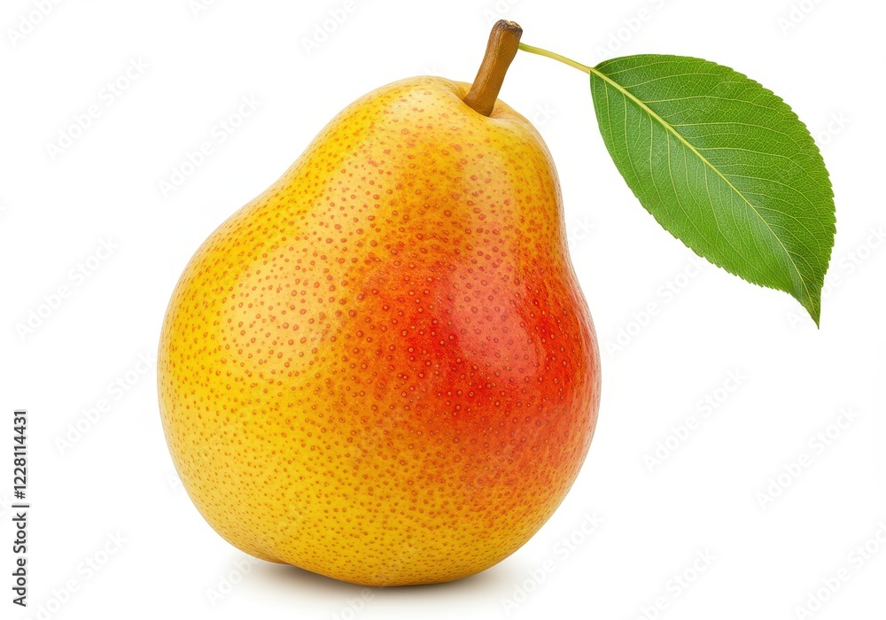 A ripe speckled yellow and red pear with a single green leaf attached to the stem isolated on a white background A ripe speckled yellow and red pear with a single green leaf attached to the stem isolated on a white background