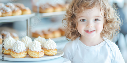 Happy kid and a plate of eclairs in a cafeteria pastry shop.