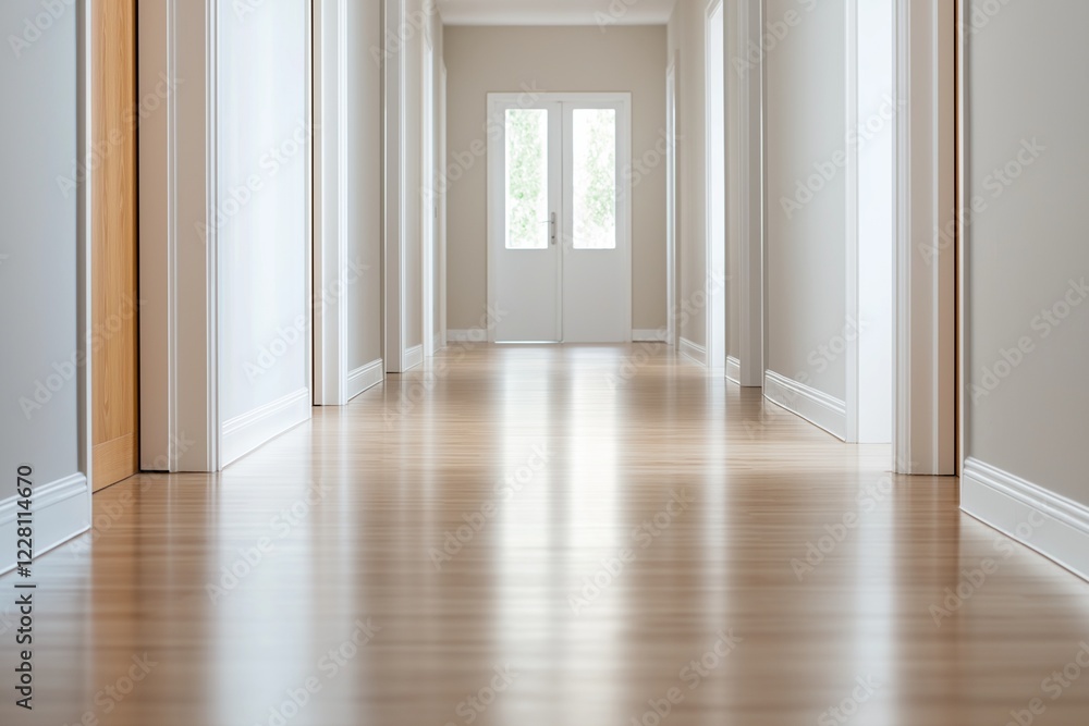 Obraz premium Bright hallway featuring smooth wooden floors and large windows in a modern residential building during daylight hours