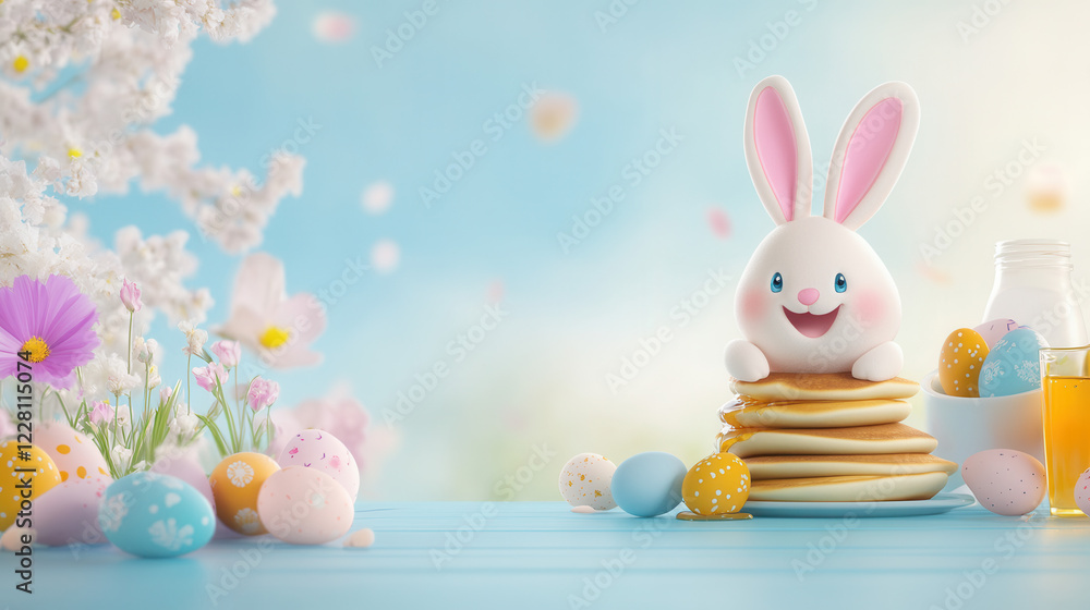 Obraz premium luffy pancakes shaped like Easter bunnies, stacked with honey dripping