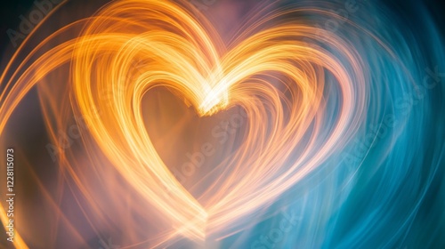 Swirling light creates an abstract heart shape in vibrant hues of orange and blue