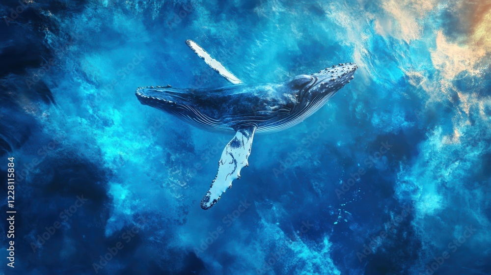 Fototapeta premium Humpback Whale Breaching in Vast Blue Ocean