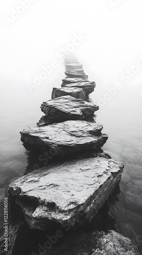 A black and white photograph of multiple large rocks protruding from the water, forming an endless
