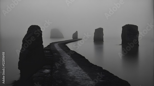 A black and white photograph of multiple large rocks protruding from the water, forming an endless
