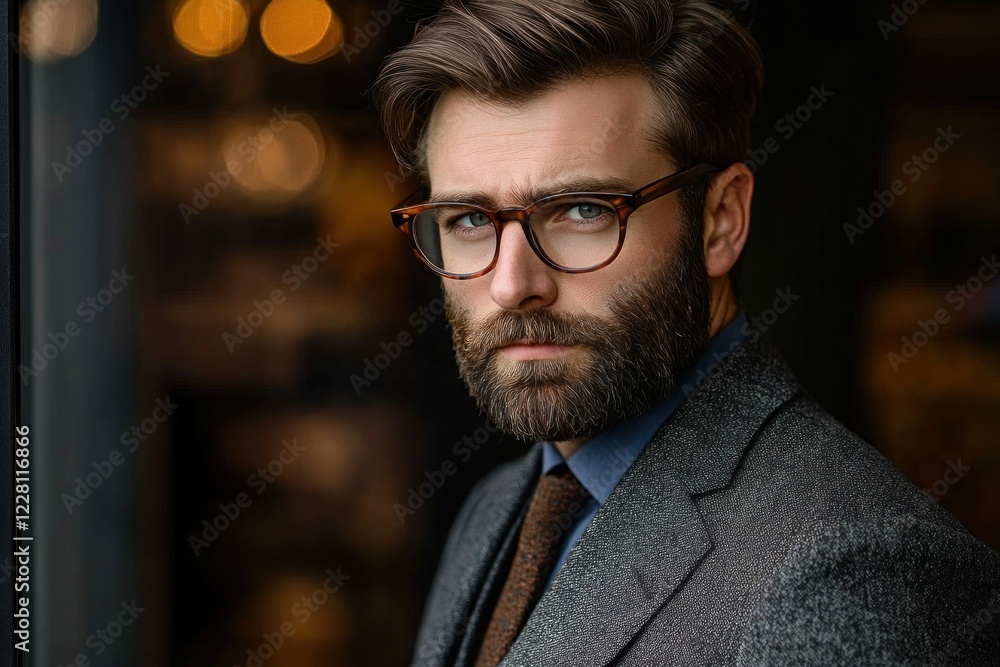 Obraz premium Portrait of a sophisticated man with a beard wearing glasses and a suit