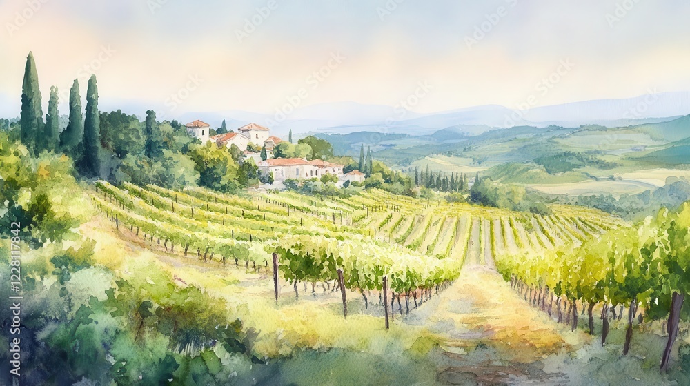 Fototapeta premium dreamy watercolor landscape of sun-drenched vineyard rows, soft pastel hues, rolling hills, rustic mediterranean charm, ethereal atmosphere