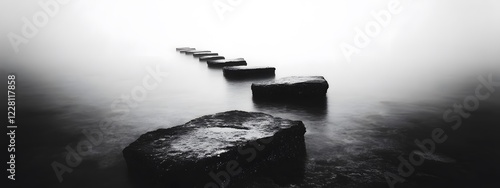 A black and white photograph of multiple large rocks protruding from the water, forming an endless
