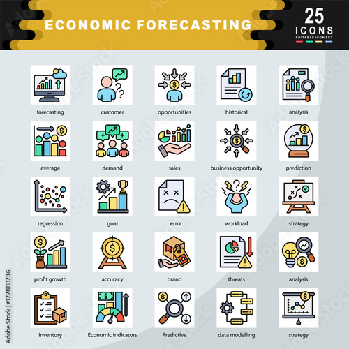MEconomic Forecasting icon set containing forecasting, customer, historical, analysis, average, demand, sales, business opportunity, prediction, regression, goal icon. Simple flat line vector