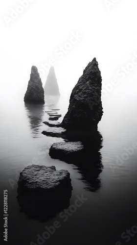 A black and white photograph of multiple large rocks protruding from the water, forming an endless
