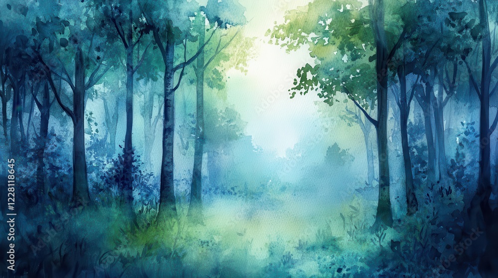 Obraz premium enchanted watercolor forest with translucent layers of emerald and azure trees, creating a dreamy impressionistic landscape
