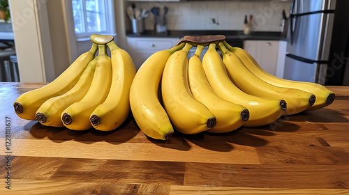 A bunch of ripe bananas with bright yellow peels arranged neatly on a wooden kitchen counter. The lighting should bring out the natural shine and texture of the bananas, set in a casual photo