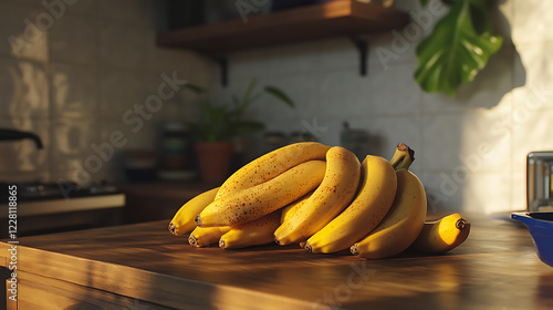 A bunch of ripe bananas with bright yellow peels arranged neatly on a wooden kitchen counter. The lighting should bring out the natural shine and texture of the bananas, set in a casual photo