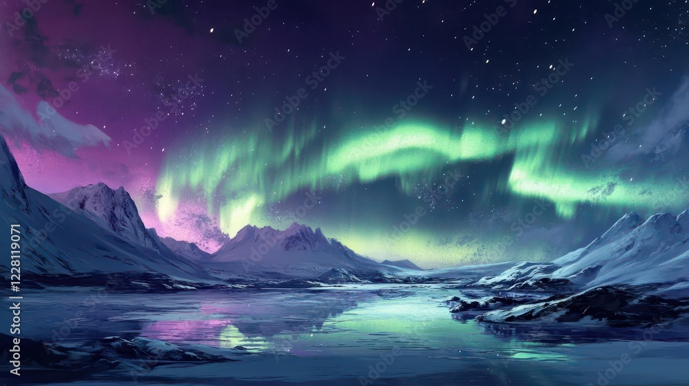 Fototapeta premium ethereal aurora borealis dancing across arctic night sky, vibrant greens and purples swirling with stars, reflecting off crystalline ice formations, atmospheric and mystical