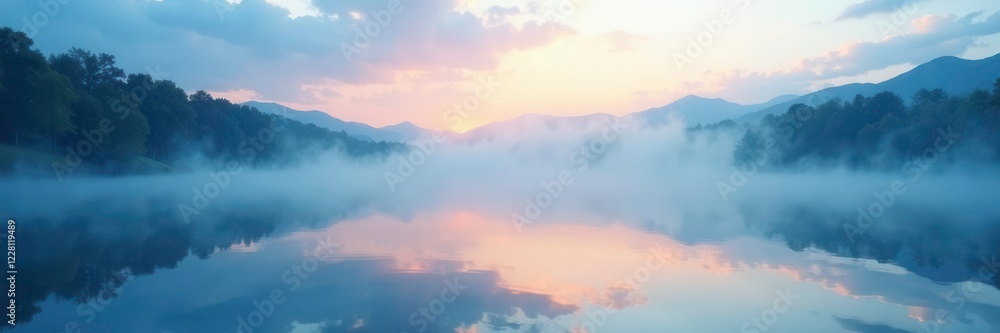 Obraz premium Softly glowing blue mist rises from a serene lake at dawn, sky bright blue pastel clouds, gentle waters