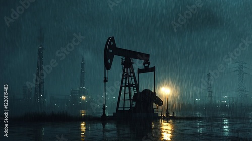 Nighttime Oil Rig in Heavy Rain Dramatic Dark Atmosphere Industrial Landscape Silhouette Reflective Water Energy Production Power Plant Heavy Downpour Gloomy Scenery Rainy Night Industrial Scene Dark  photo