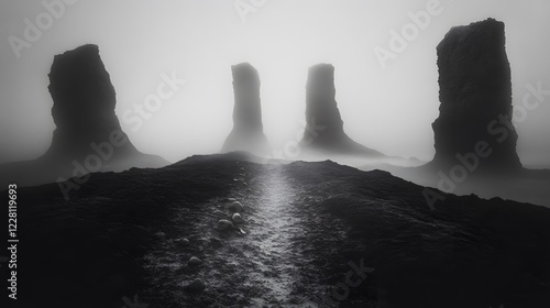 A black and white photograph of multiple large rocks protruding from the water, forming an endless
