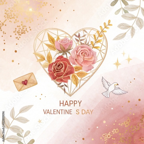 Romantic Floral Heart with Dove and Love Letter – Valentine's Day Card