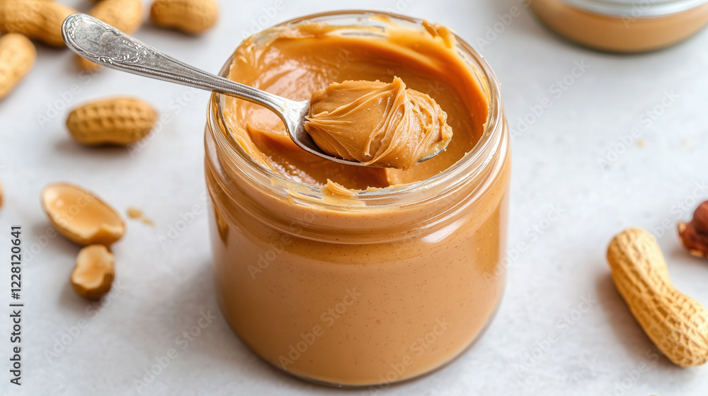 Close-up of creamy peanut butter jar with a spoon, highlighting its rich texture and enticing color, perfect for food lovers Close-up of creamy peanut butter jar with a spoon, highlighting its rich texture and enticing color, perfect for food lovers