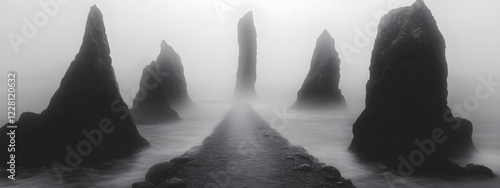 A black and white photograph of multiple large rocks protruding from the water, forming an endless
