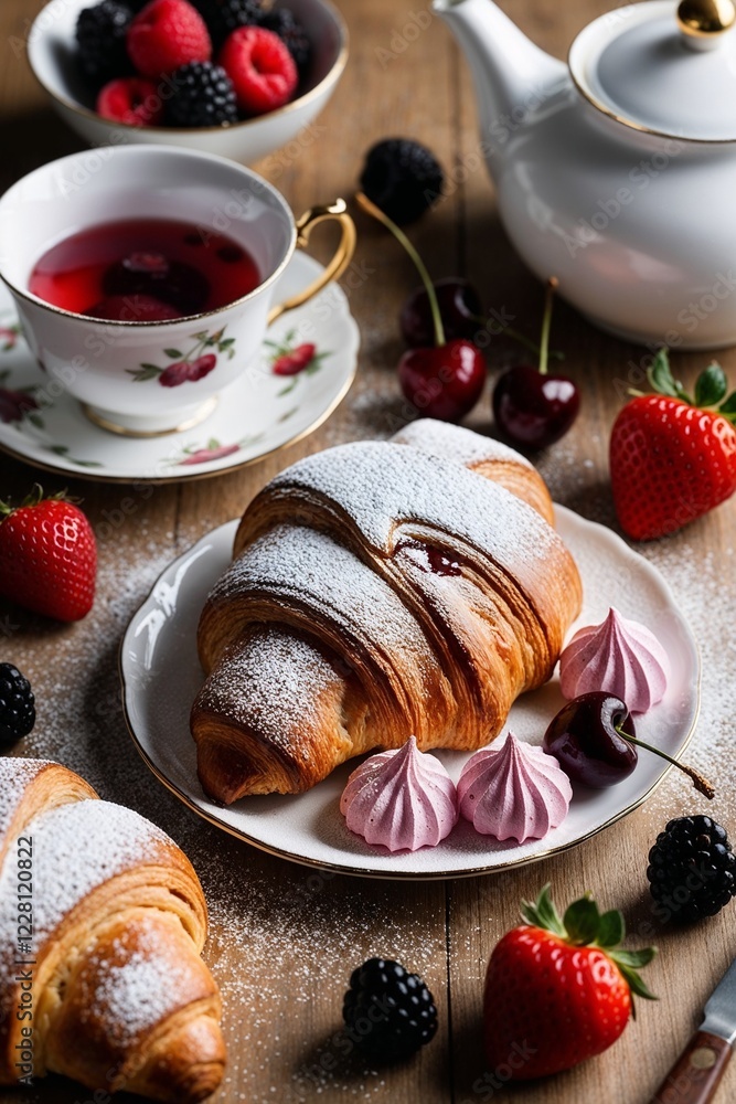 delicious croissant with berries and tea set on rustic wooden table copy space delicious croissant with berries and tea set on rustic wooden table copy space