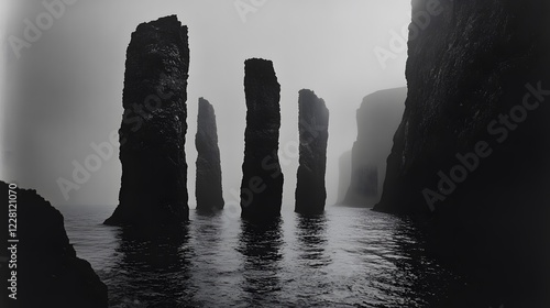 A black and white photograph of multiple large rocks protruding from the water, forming an endless
