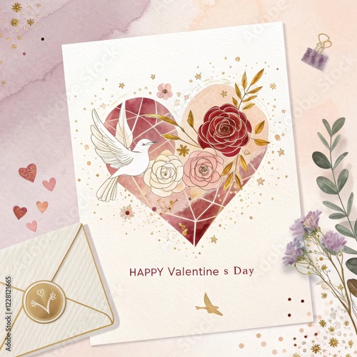 Watercolor Valentine's Day Card with Heart, Roses, Dove, and Envelope