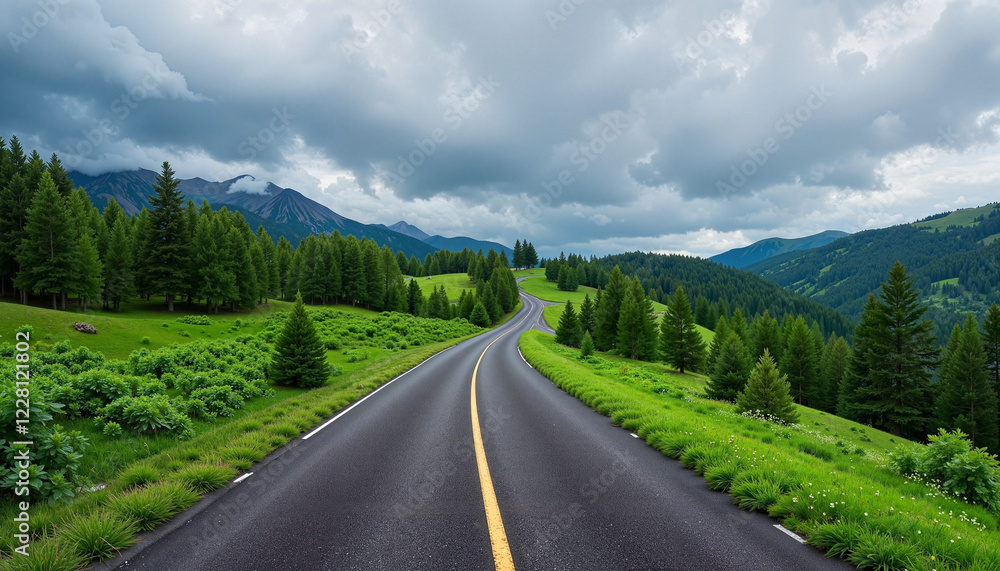 Fototapeta premium Winding road through green hills and pine trees