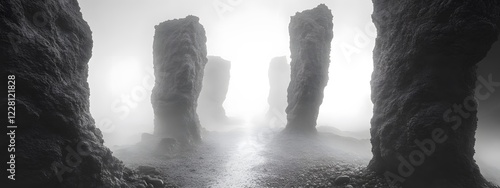 A black and white photograph of multiple large rocks protruding from the water, forming an endless
