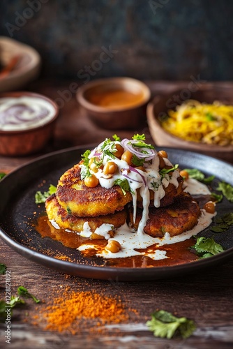 Indian Street Food Aloo Tikki with Spiced Chickpeas and Tamarind Chutney