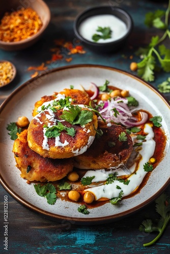 Indian Street Food Aloo Tikki with Spiced Chickpeas and Tamarind Chutney