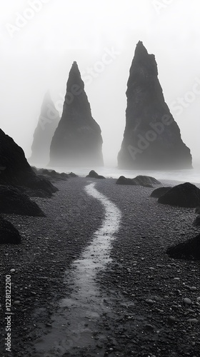 A black and white photograph of multiple large rocks protruding from the water, forming an endless

