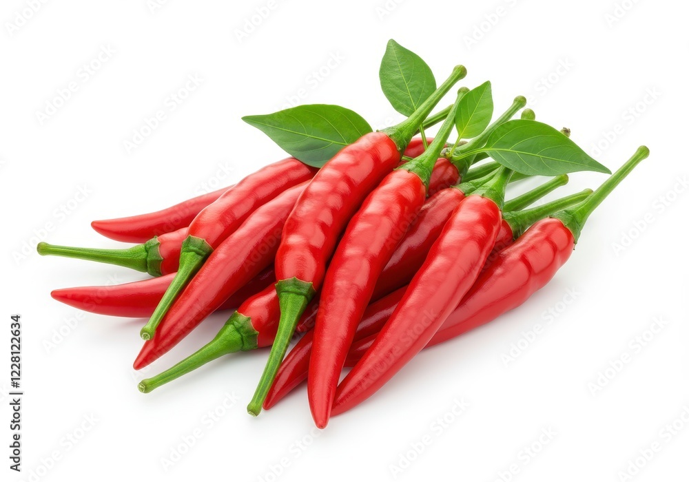 A group of fresh red chili peppers with green stems and a few green leaves isolated on a white background A group of fresh red chili peppers with green stems and a few green leaves isolated on a white background