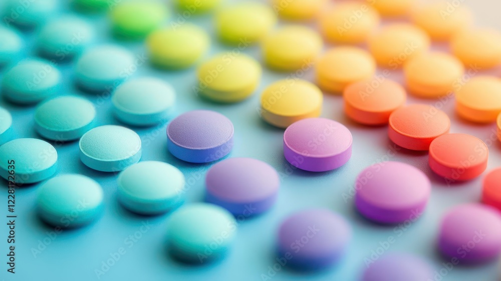 pharmaceutical pills arranged in rainbow gradient pattern, soft focus creates dreamy atmosphere, gentle blue backdrop adds clinical feel pharmaceutical pills arranged in rainbow gradient pattern, soft focus creates dreamy atmosphere, gentle blue backdrop adds clinical feel