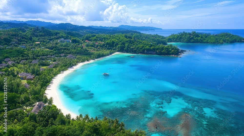 paradise island aerial view with pristine white sand beaches, crystal-clear lagoon waters in varying shades of blue, lush tropical vegetation creating natural patterns paradise island aerial view with pristine white sand beaches, crystal-clear lagoon waters in varying shades of blue, lush tropical vegetation creating natural patterns