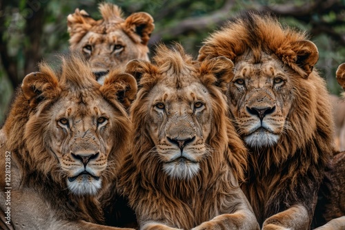 Four male lions are resting in the african savanna  displaying their regal presence and power