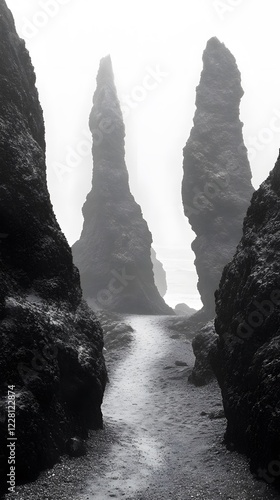 A black and white photograph of multiple large rocks protruding from the water, forming an endless
