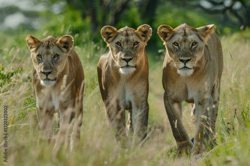 Three lionesses are walking in the tall grass of the african savanna Three lionesses are walking in the tall grass of the african savanna