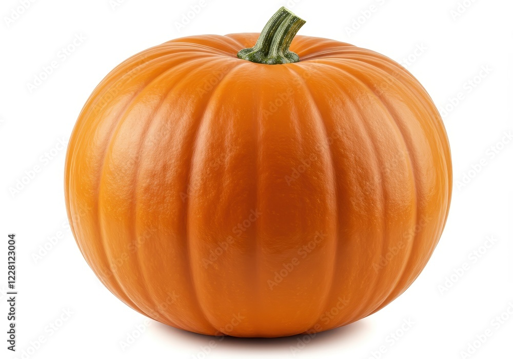 A bright orange pumpkin with a short green stem isolated on a white background A bright orange pumpkin with a short green stem isolated on a white background